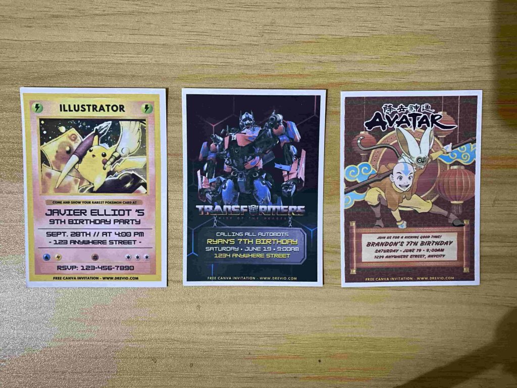 Preview of Printed Avatar The Last Airbender Aang & Momo, Rare Pikachu Illustrator Card Style and Transformers Rise of the beast birthday invitation