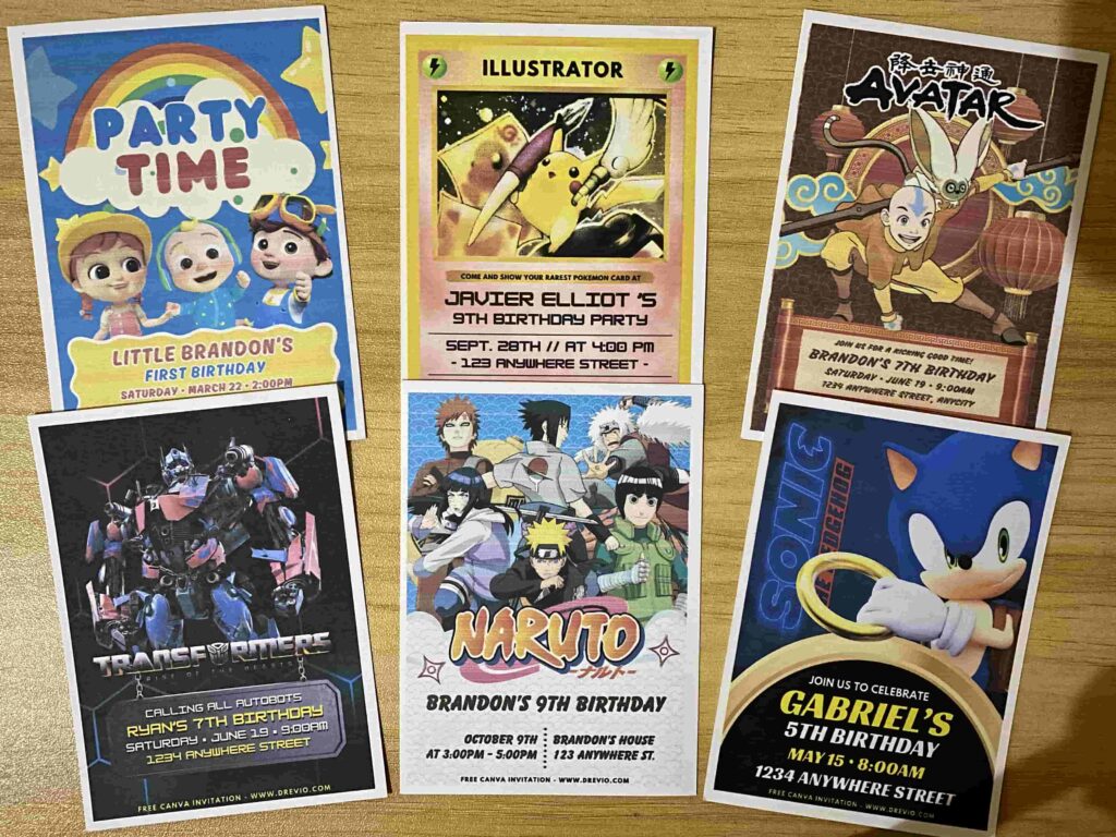 Preview of Printed Rare Pokemon Illustrator Card Style Birthday Invitation along with Sonic the Hedgehog, Avatar Aang, Cocomelon, Naruto and Transformers party invitation