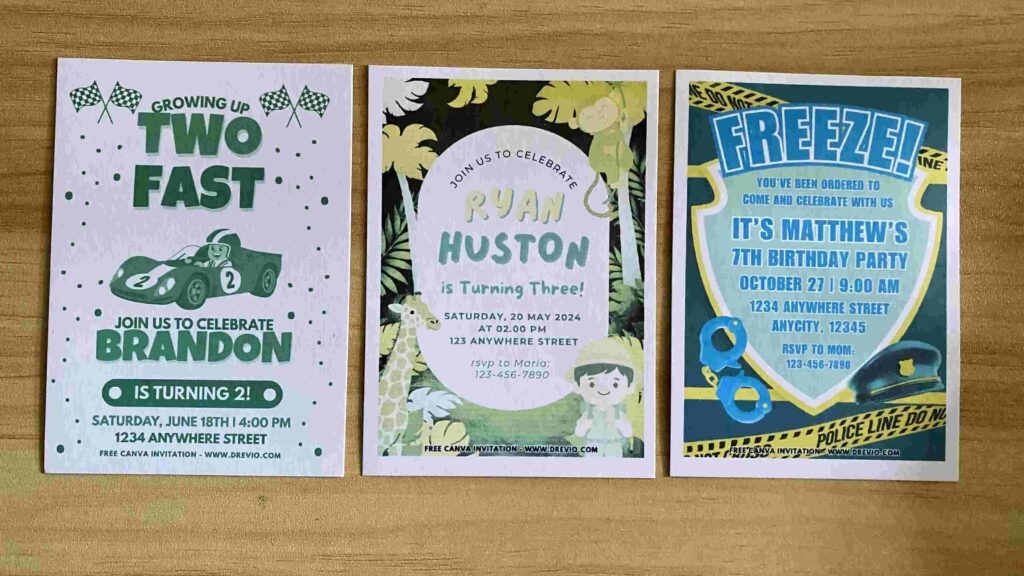 Preview of Freeze! Police Academy, Safari Jungle Party Animal and Two Fast 2 Furious Birthday Invitation Printed on 5x7 A7 250gsm 80lb matte cardstock paper