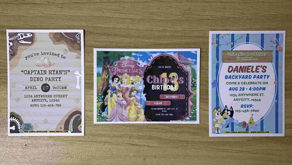 Preview of Dinosaur Dig, Bluey and Disney Princess Birthday Invitation