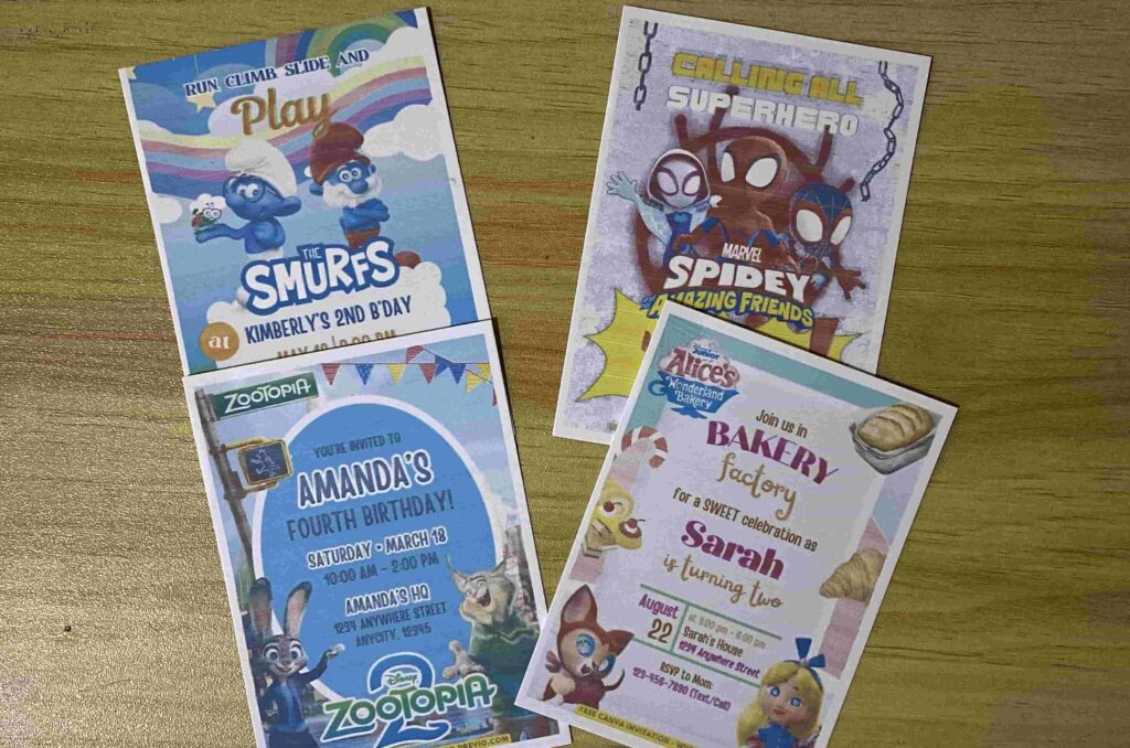 Preview of Printed Smurfs, Spider-Man Miles Morales, Zootopia 2 and Alice in Wonderland Bakery birthday invitation