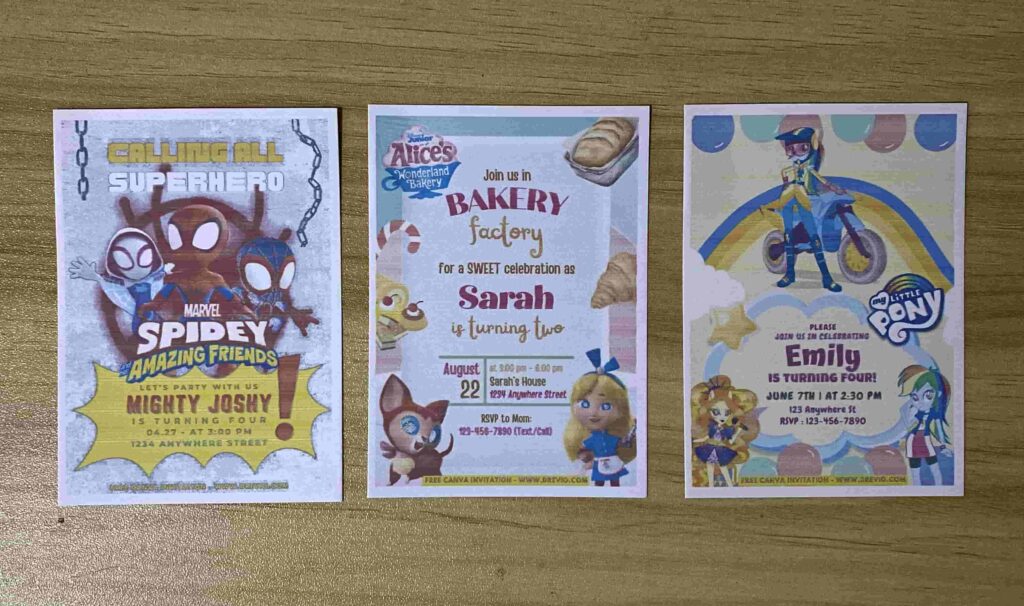 Preview of Printed Alice in Wonderland, Spidey and his amazing friends and My Little Pony birthday invitation