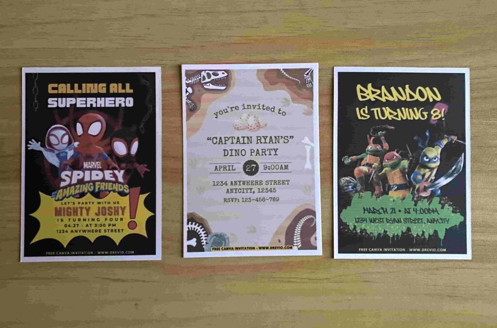 Preview of Printed Spidey and His Amazing Friends Miles Morales, Dinosaur Dig and TMNT Ninja Turtles Queen City Birthday Invitation