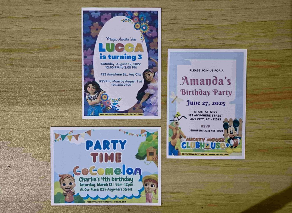 Preview of Printed Cocomelon Party Time, Mickey Mouse Clubhouse and Disney Encanto Mirabel Birthday Invitation
