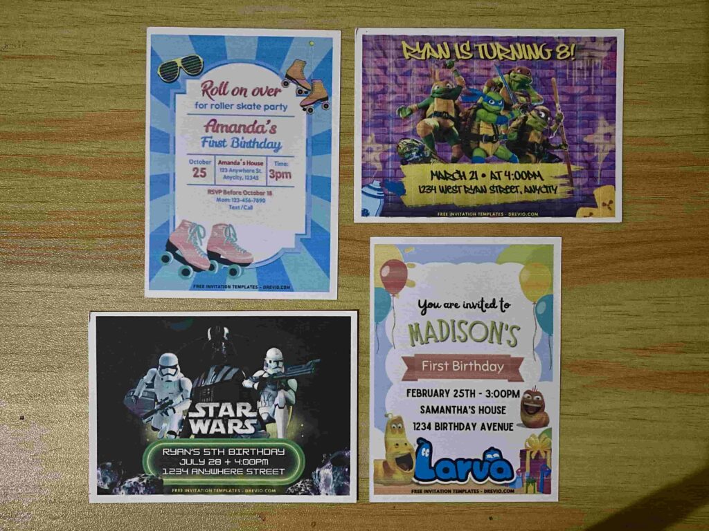 Preview of Printed Star Wars Darth Vader, Larva, TMNT Ninja Turtles and Roller Skate Birthday Invitation