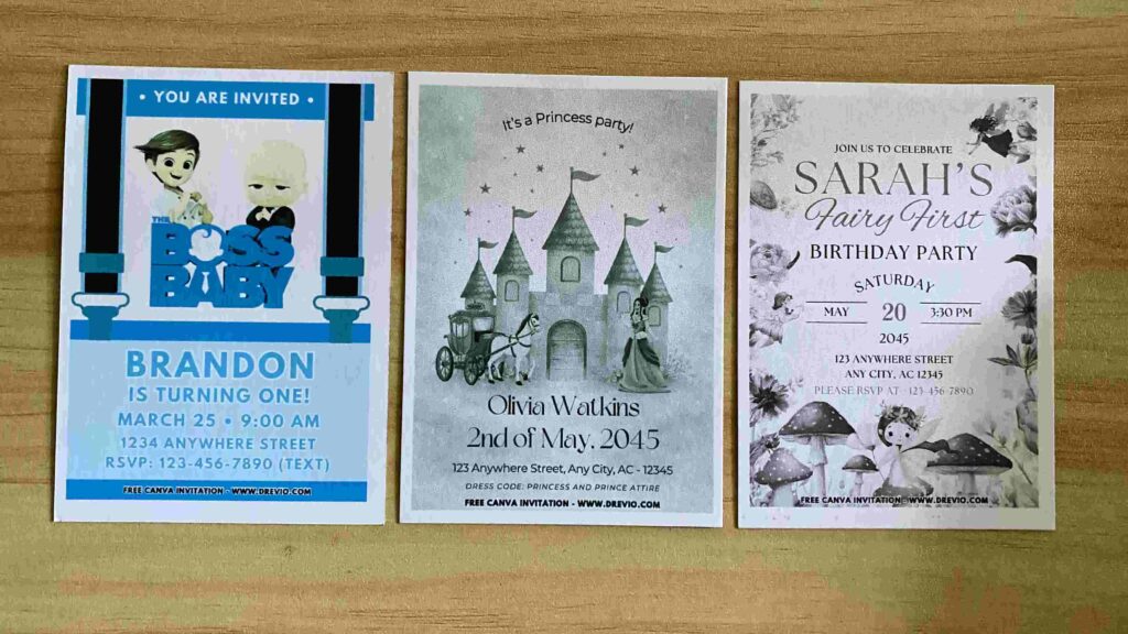 Preview of Whimsical Forest Fairy, Princess Castle and Boss Baby Birthday Invitation Printed on 5x7 A7 250gsm 80lb matte cardstock paper