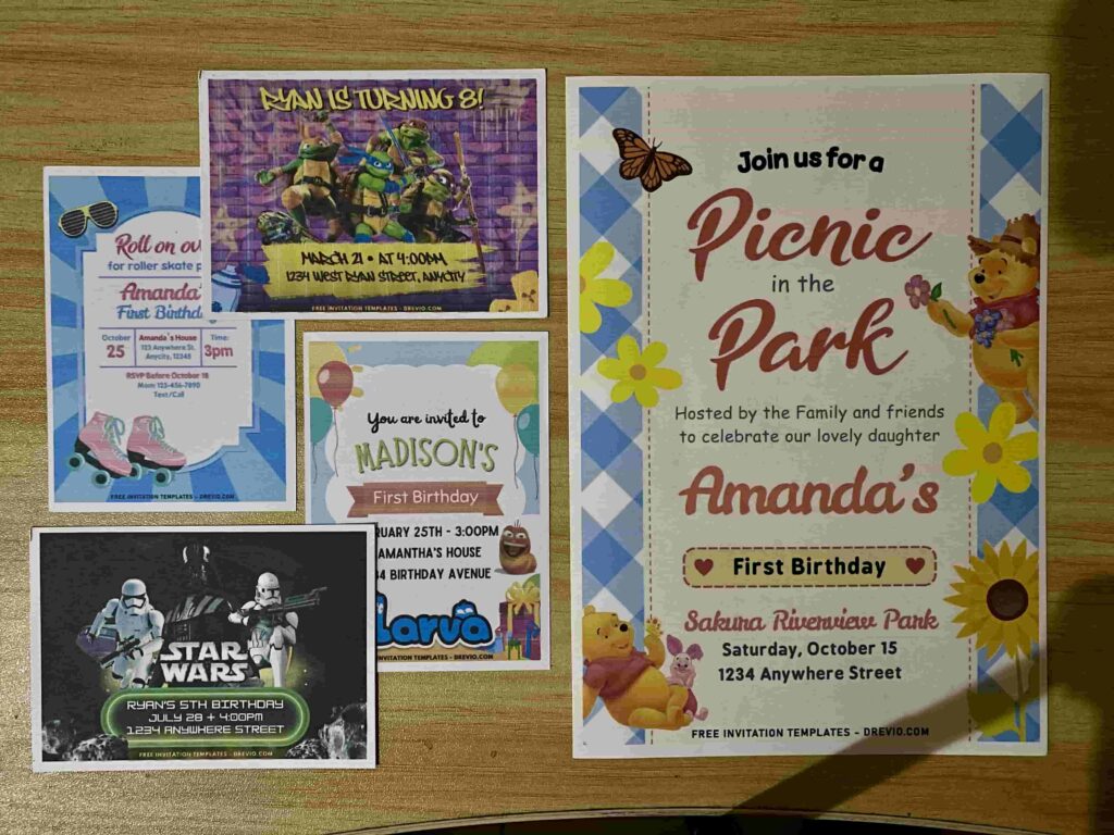 Preview of Printed Winnie the Pooh Bear, Star Wars Darth Vader & Stormtroopers, TMNT Ninja Turtles and Roller Skating Birthday Invitations