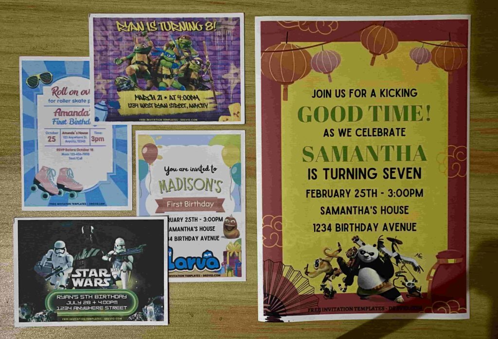 Preview of Printed Star Wars Darth Vader, Larva, TMNT Ninja Turtles, Roller Skate and Kungfu Panda Dragon Knight birthday invitation