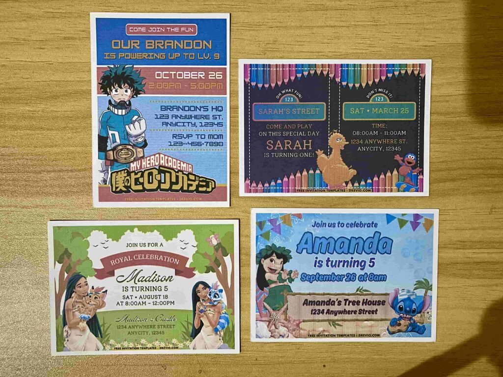 Preview of Printed Sesame Street Big Bir & Elmo, Lilo & Stitch Beachside, Disney Pocahontas and My Hero Academia Deku birthday invitation