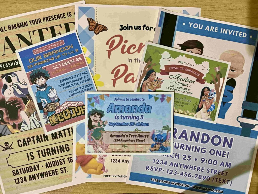 Preview of Printed One Piece Luffy Gear 5, Bear Picnic, Boss Baby, Lilo & Stitch Beachside, Disney Pocahontas and My Hero Academia Deku birthday invitation