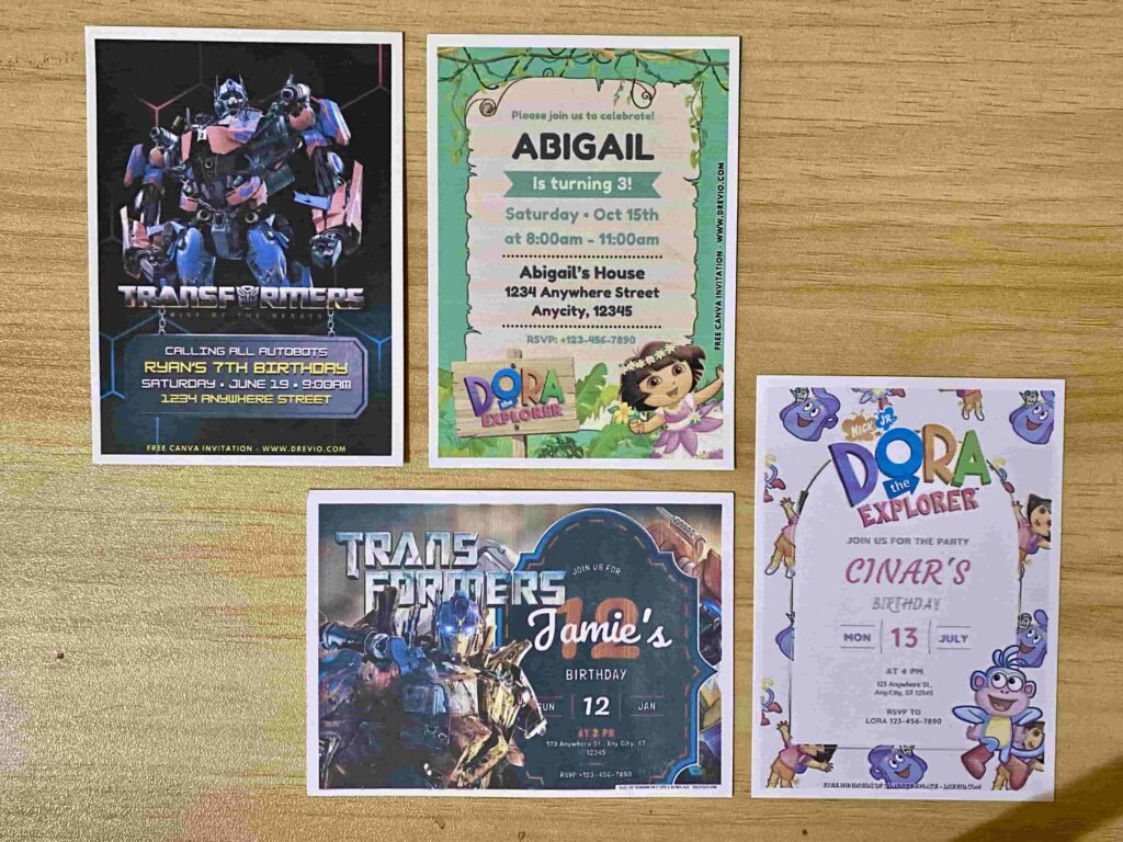 Preview of Dora the Explorer and Transformers Rise of the Beast Birthday Invitation Printed on 5x7 A7 250gsm 80lb matte cardstock paper
