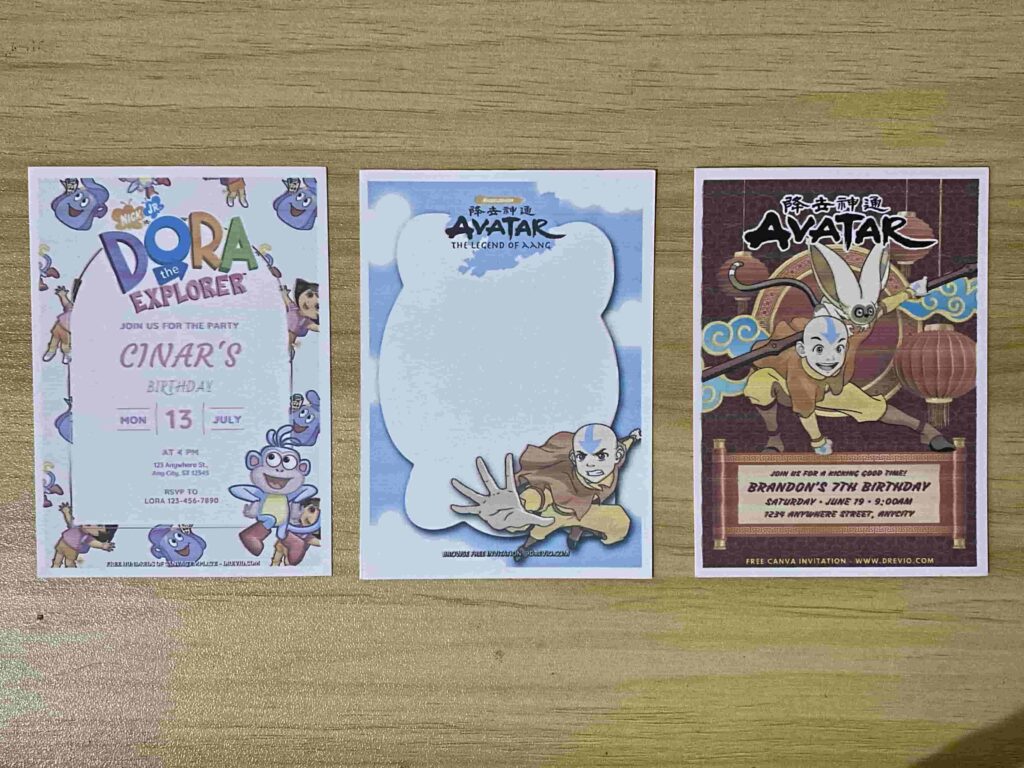 Preview of Avatar the Last Airbender and Dora the Explorer Birthday Invitation Printed on 5x7 A7 250gsm 80lb matte cardstock paper