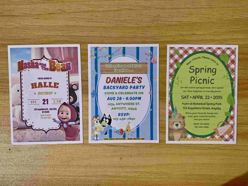 Preview of Bear Picnic, Bluey and Masha and the Bear Birthday Invitation printed on 5x7 a7 250gsm 80lb matte cardstock paper