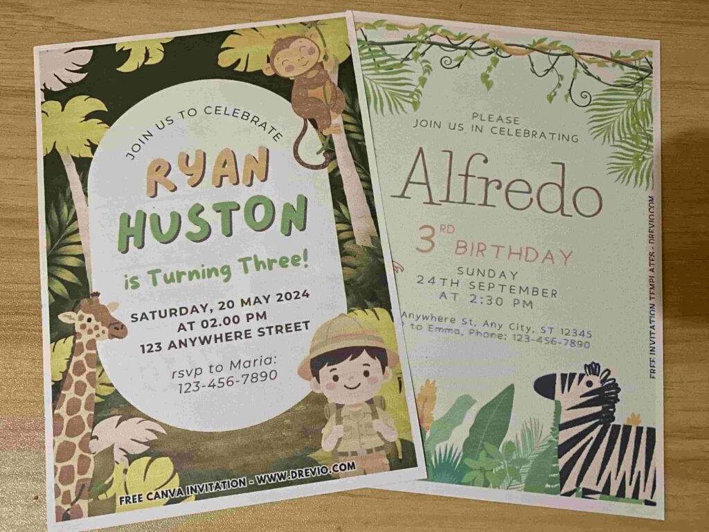 Preview of Safari and Jungle Safari Party Animals Birthday Invitation Printed on 5x7 A5 100gsm 68lb matte cardstock paper