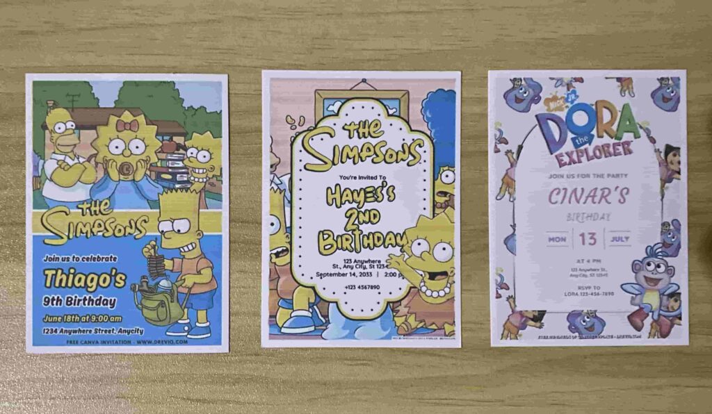 Preview of Adorable Dora the Explorer and The Simpsons Bart Homer Maggie and Lisa Simpsons Birthday Invitation Printed on 5x7 A7 250gsm 80lb matte cardstock paper