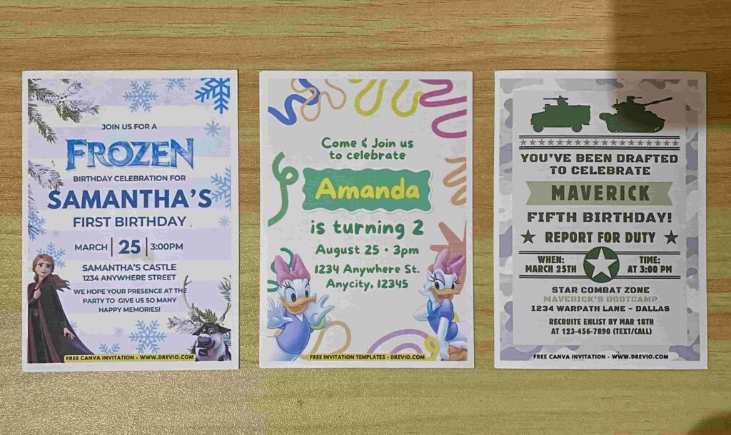 Preview of Disney Frozen Arendele, Daisy Duck and Military kids themed birthday invitation Printed on 5x7 a7 250gsm 80lb matte cardstock paper