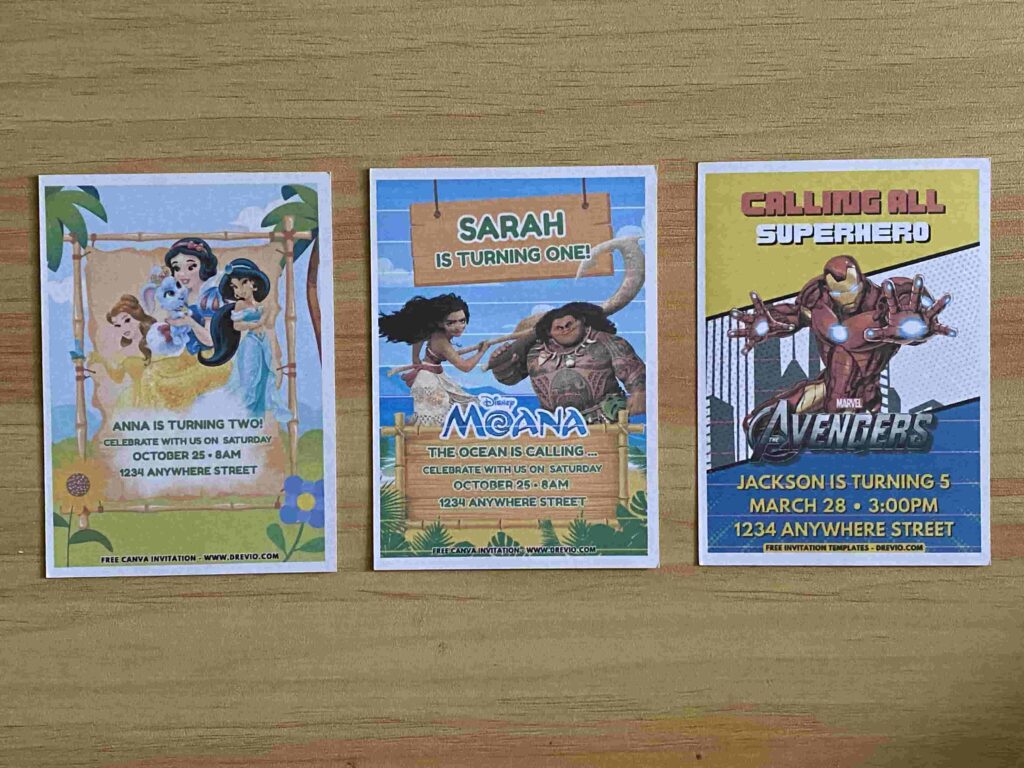 Preview of Printed Adorable Moana and Maui, Avengers Iron Man, and Disney Princess Snow White Cinderella Jasmine birthday invitation