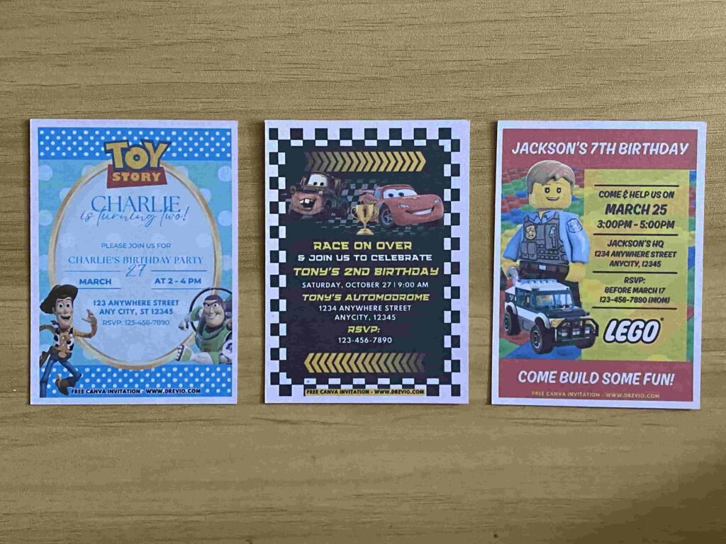 Preview of Printed Adorable Lego Police Officer Car, Disney Cars Lightning McQueen & Mater, and Toy Story Woody and Buzz Lightyear Birthday Invitation
