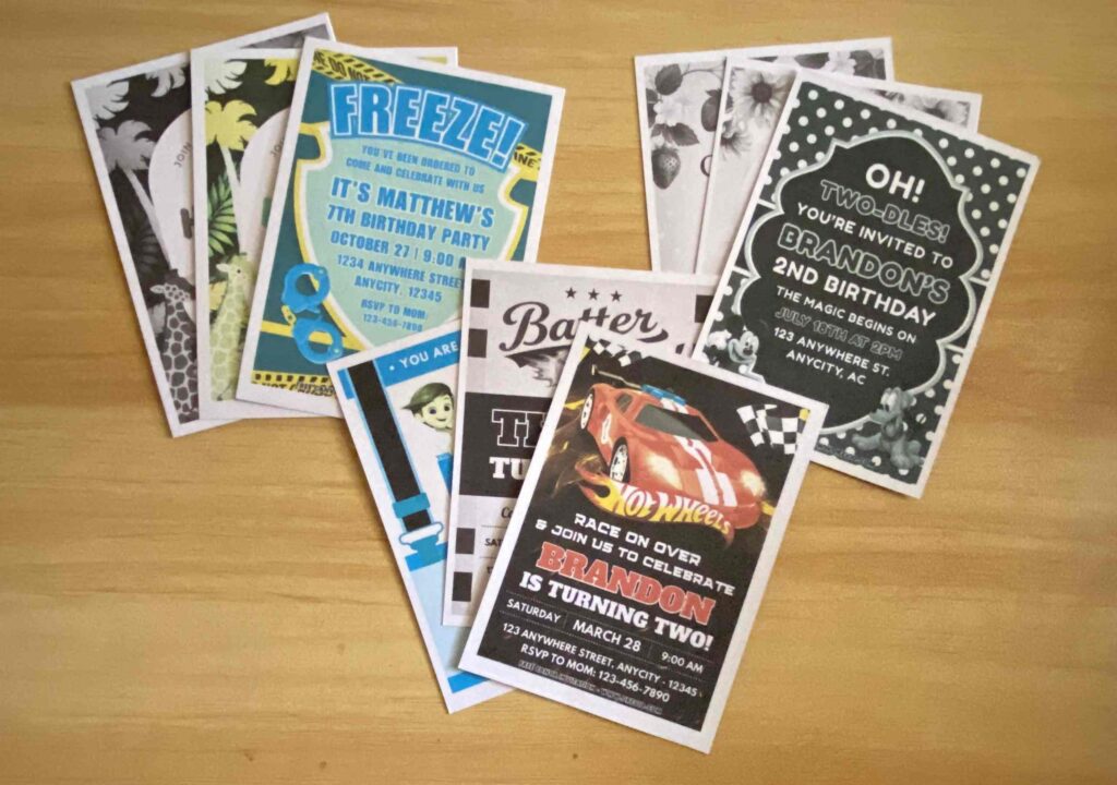 Preview of Batter Up Baseball, Hot Wheels Ford GT, Boss Baby and Police Academy Birthday Invitation Printed on 5x7 A7 250gsm 80lb matte cardstock paper