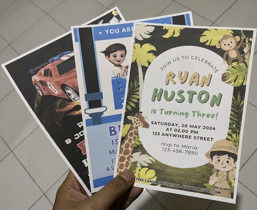 Preview of Printed Boss Baby Birthday Invitation along with Hot Wheels and Jungle Party Animals invitation