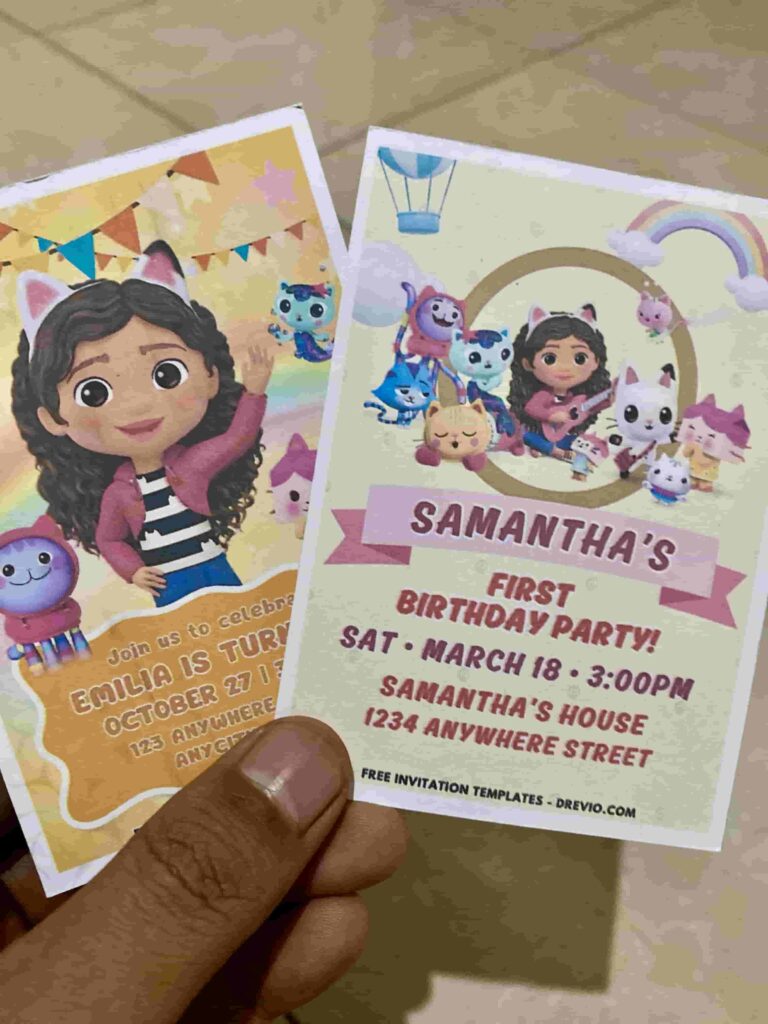 Preview of Gabby Dollhouse Birthday Invitation Printed on 5x7 A7 matte cardstock paper