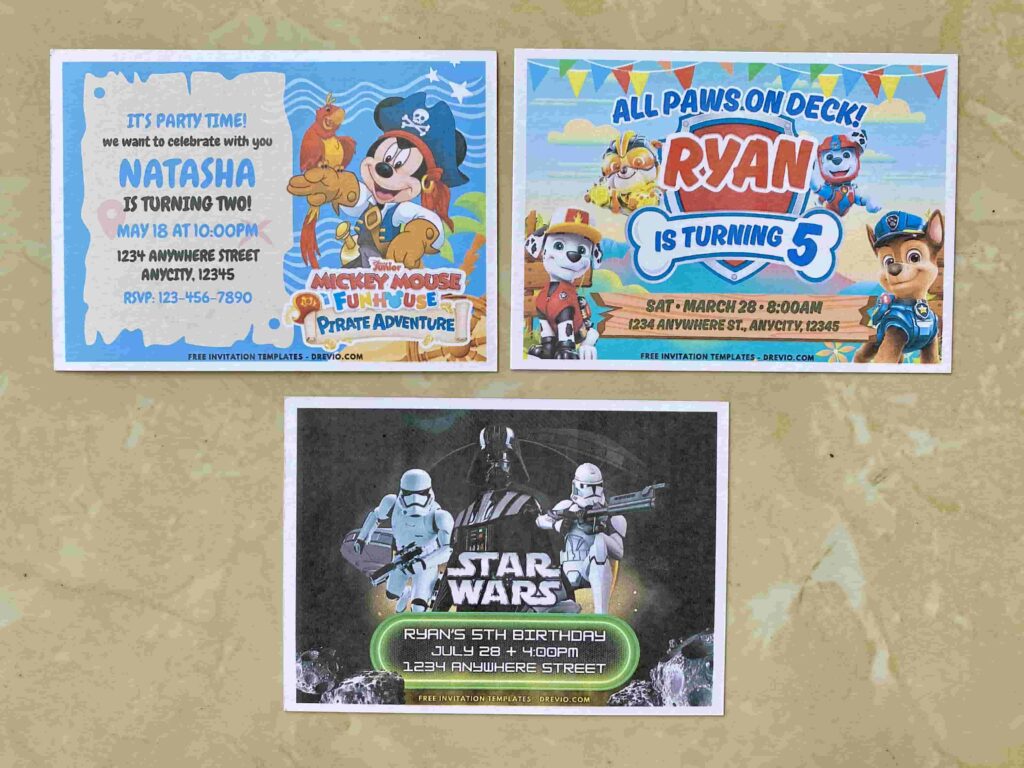 Preview of Star Wars Darth Vader & Stormtroopers, PAW Patrol Chase & Friends, Disney Frozen and Mickey Mouse Pirate Birthday Invitation Printed on 5x7 A7 matte cardstock paper