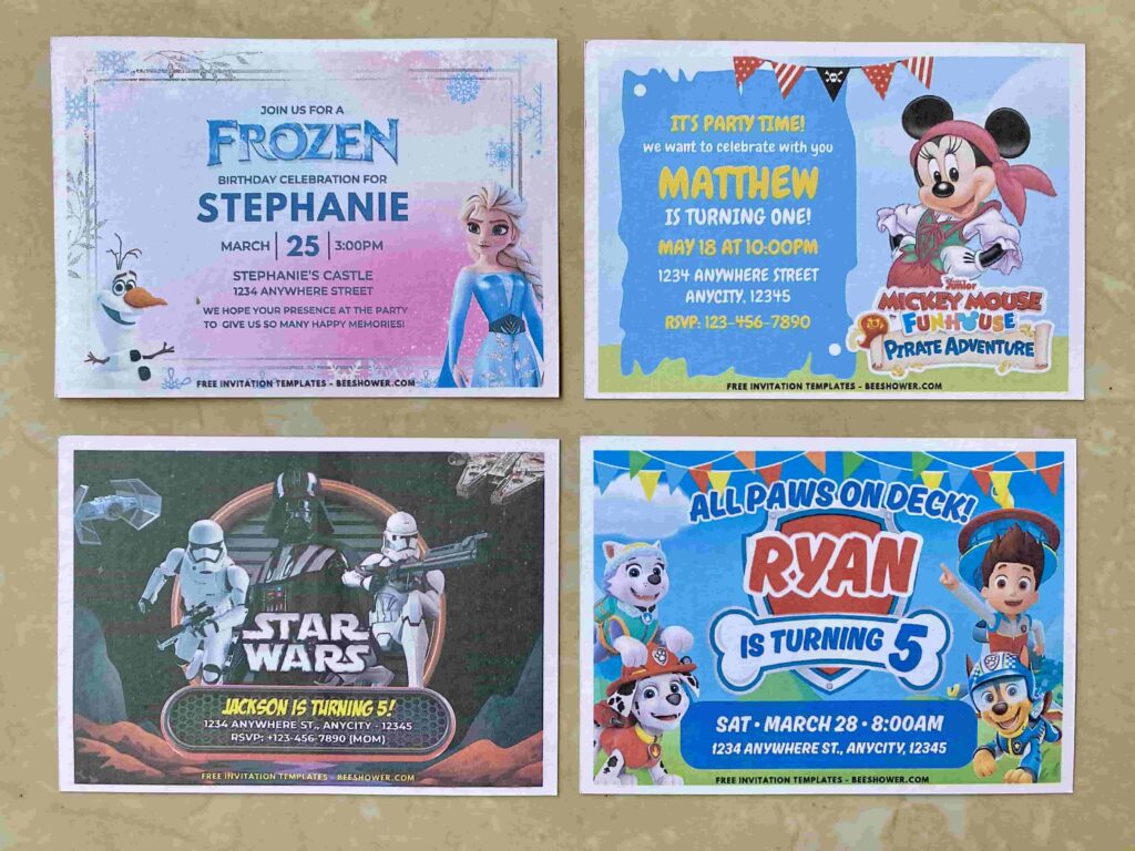Preview of Star Wars Darth Vader & Stormtroopers, PAW Patrol Chase & Friends, Disney Frozen and Mickey Mouse Pirate Birthday Invitation Printed on 5x7 A7 matte cardstock paper