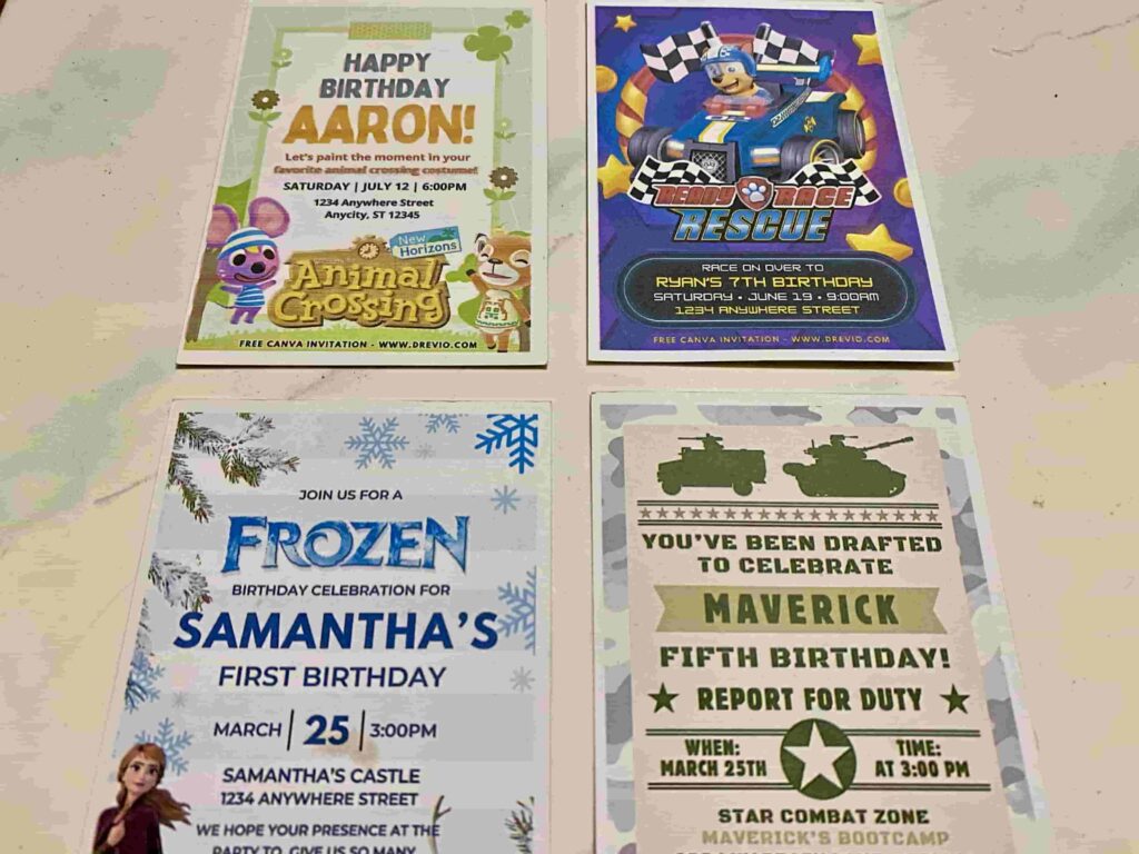 Preview of Disney Frozen Elsa & Anna, PAW Patrol Chase Ready Race Rescue, Animal Crossing Horizon and Military Army Kids Birthday Invitation Printed on 5x7 A7 250gsm 80lb Matte Cardstock Paper