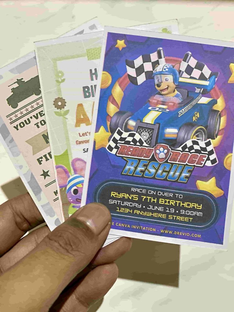 Preview of PAW Patrol Chase Ready Race Rescue, Animal Crossing Horizon and Military Army Kids Birthday Invitation Printed on 5x7 A7 250gsm 80lb Matte Cardstock Paper
