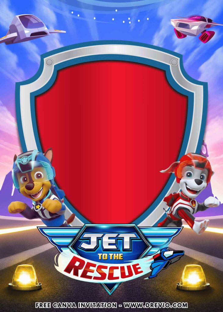 Free and Editable Chase and Marshall PAW Patrol Jet to the Rescue Birthday Invitation Templates Made in Canva. Customize Online for free