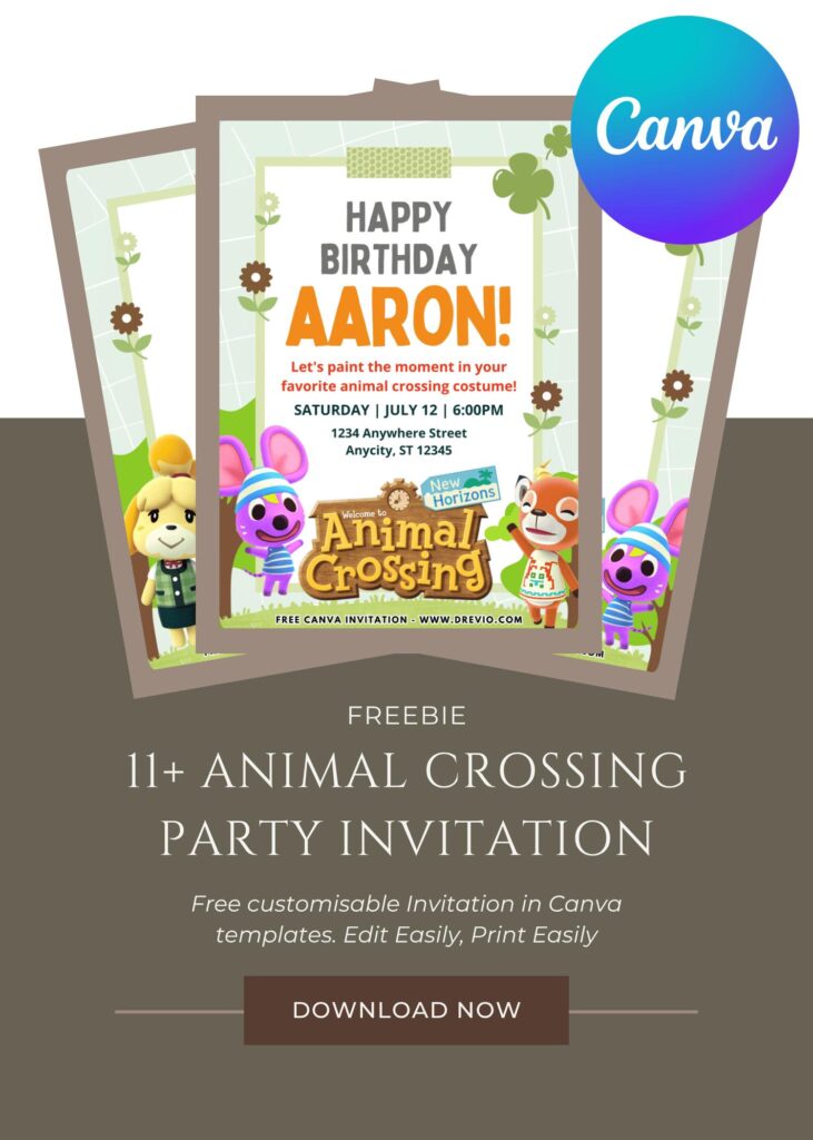 Free and Editable Animal Crossing New Horizon Birthday Invitation Templates Made in Canva. Customize Online for free