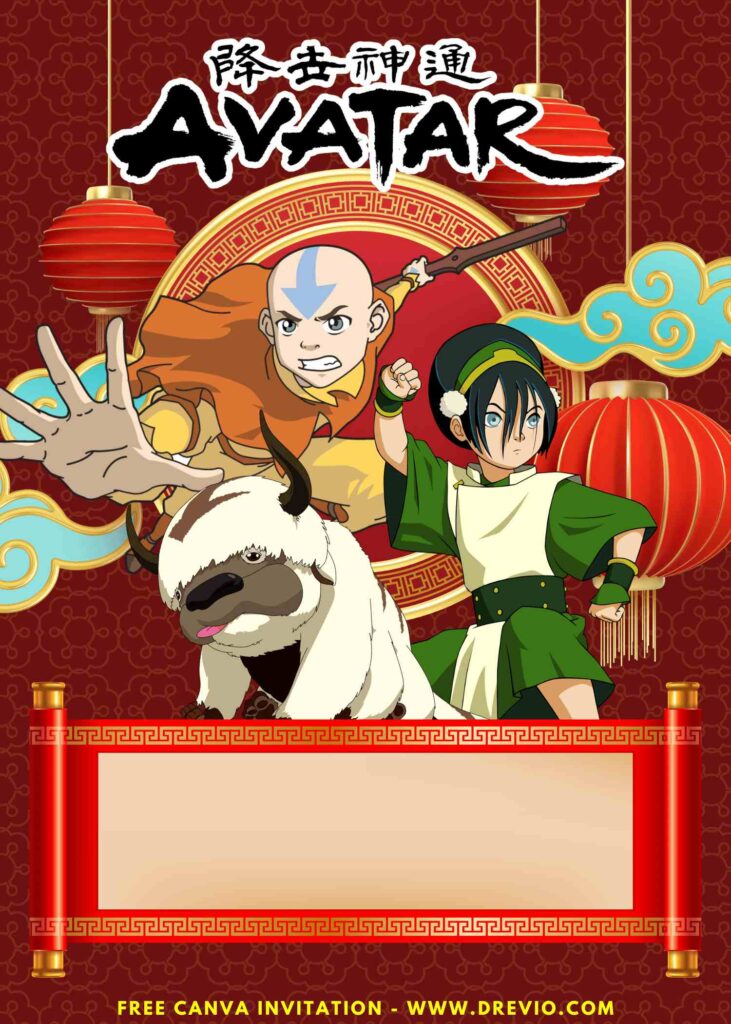 Free and Editable Aang Toph Beifong and Appa Avatar Birthday Invitation Templates Made in Canva. Customize Online for free
