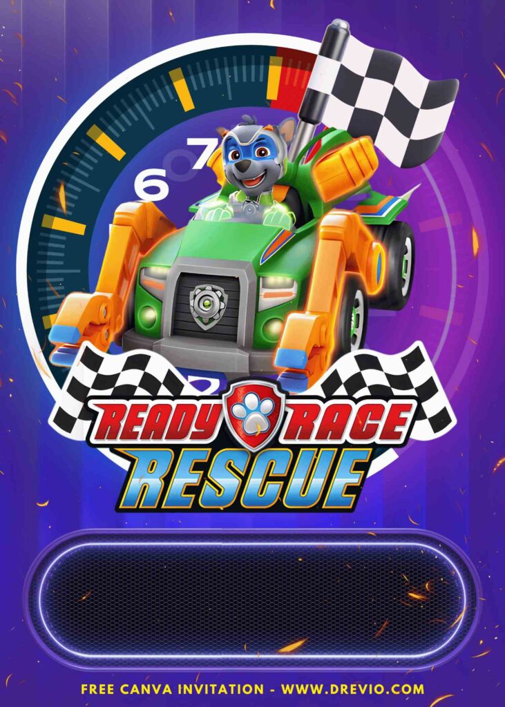 Free and Editable Epic Rocky Kart PAW Patrol Ready Race Rescue Birthday Invitation Templates Made in Canva. Customize Online for free
