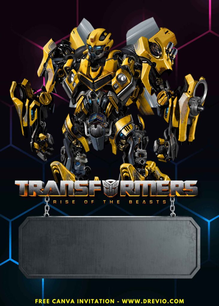 Free and Editable Cool Bumblebee Transformers Birthday Invitation Templates Made in Canva. Customize Online for free