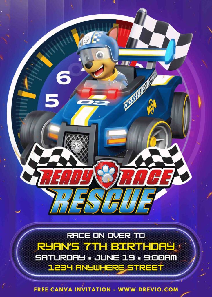 Free and Editable Epic PAW Patrol Ready Race Rescue Birthday Invitation Templates Made in Canva. Customize Online for free