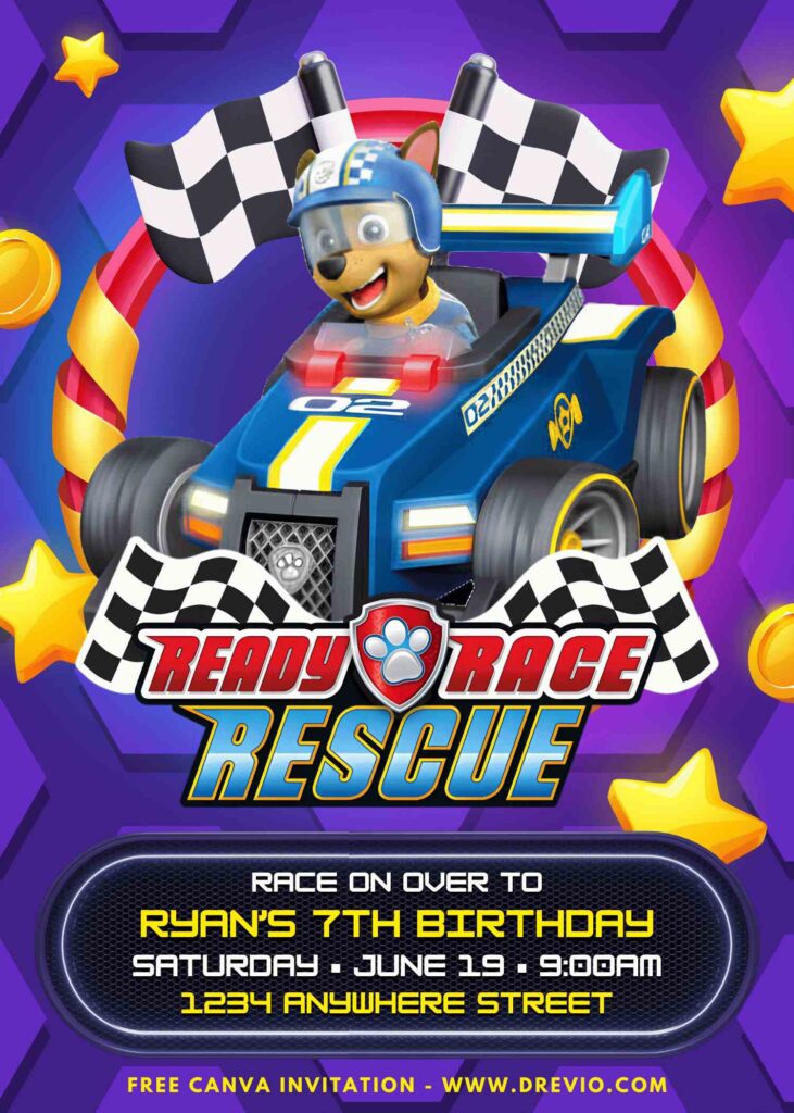 Free and Editable PAW Patrol Ready Race Rescue Birthday Invitation Templates Made in Canva. Customize Online for free