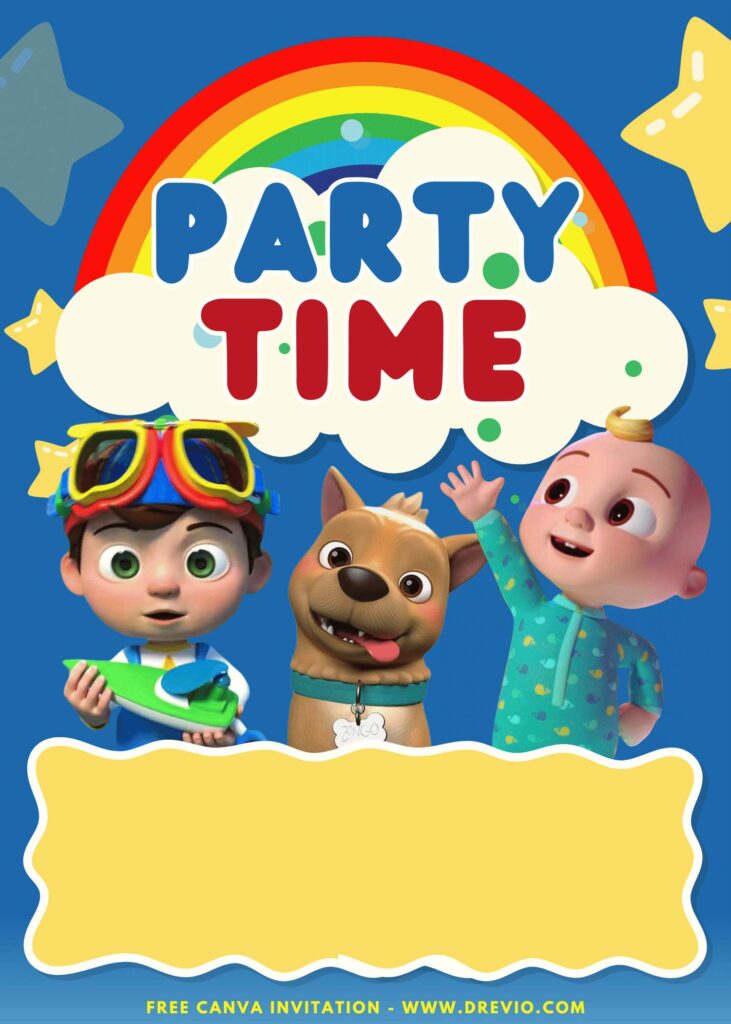 Free and Editable JJ Bingo and YoYo Cocomelon Party Time Birthday Invitation Templates Made in Canva. Customize Online for free