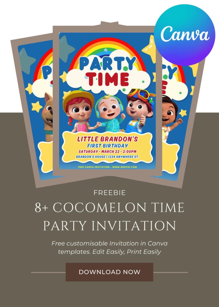 Free and Editable Rainbow Cocomelon Party Time Birthday Invitation Templates Made in Canva. Customize Online for free