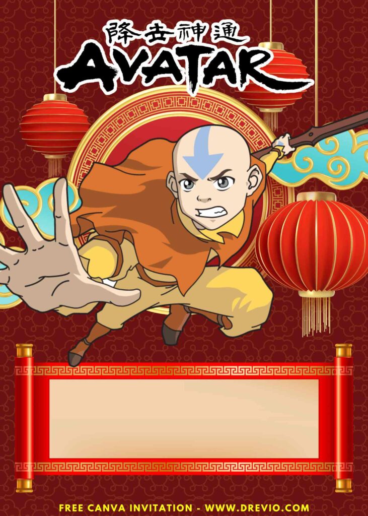 Free and Editable Awesome Aang Avatar Birthday Invitation Templates Made in Canva. Customize Online for free
