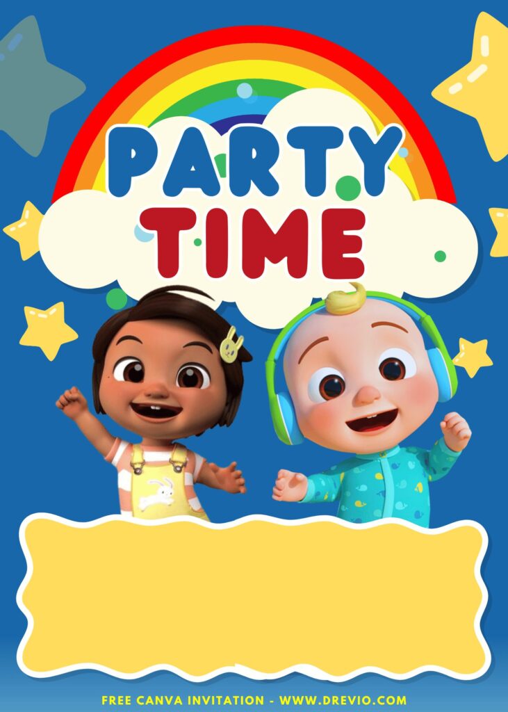 Free and Editable Cocomelon Party Time Birthday Invitation Templates with blue colored background and stars Made in Canva. Customize Online for free