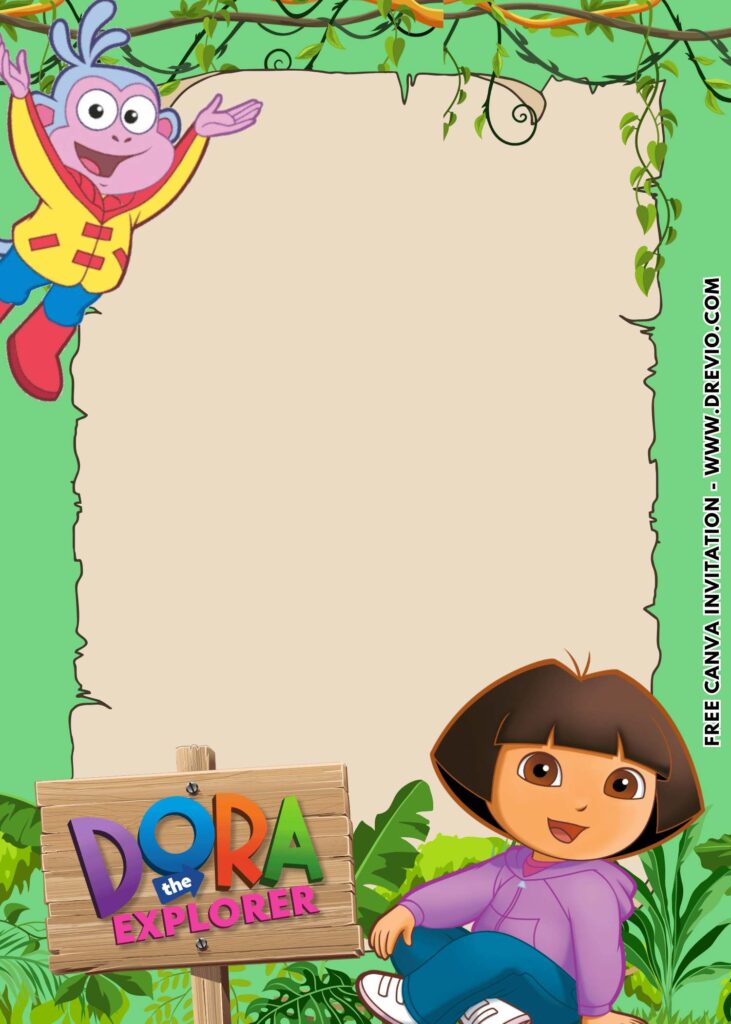 Free and Editable Festive Dora the Explorer Birthday Invitation Templates Made in Canva. Customize Online for free