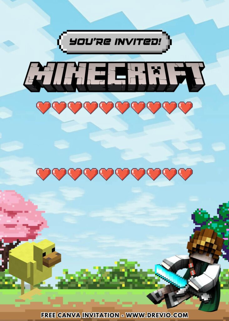 Free and Editable Minecraft Kids Birthday Invitation Templates Made in Canva. Customize Online for free