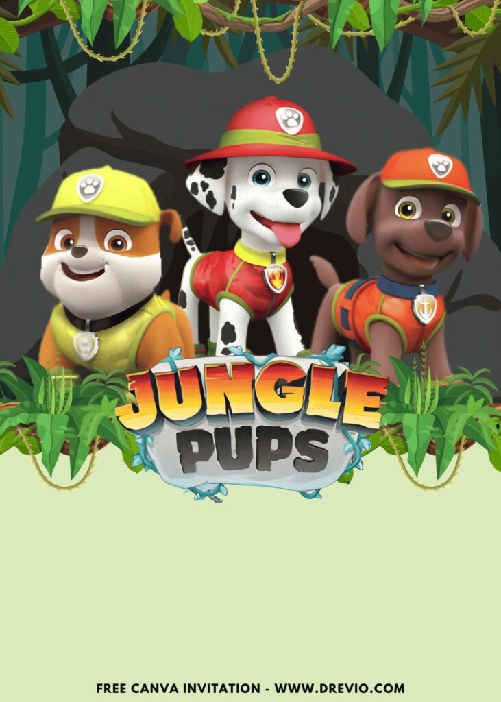 Free and Editable Rubble Marshall and Zuma Paw Patrol Jungle Pups Birthday Invitation Templates Made in Canva. Customize Online for free