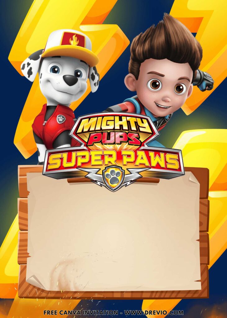 Free and Editable Epic Ryder and Marshall PAW Patrol Mighty Pups Super PAWS Birthday Invitation Templates Made in Canva. Customize Online for free