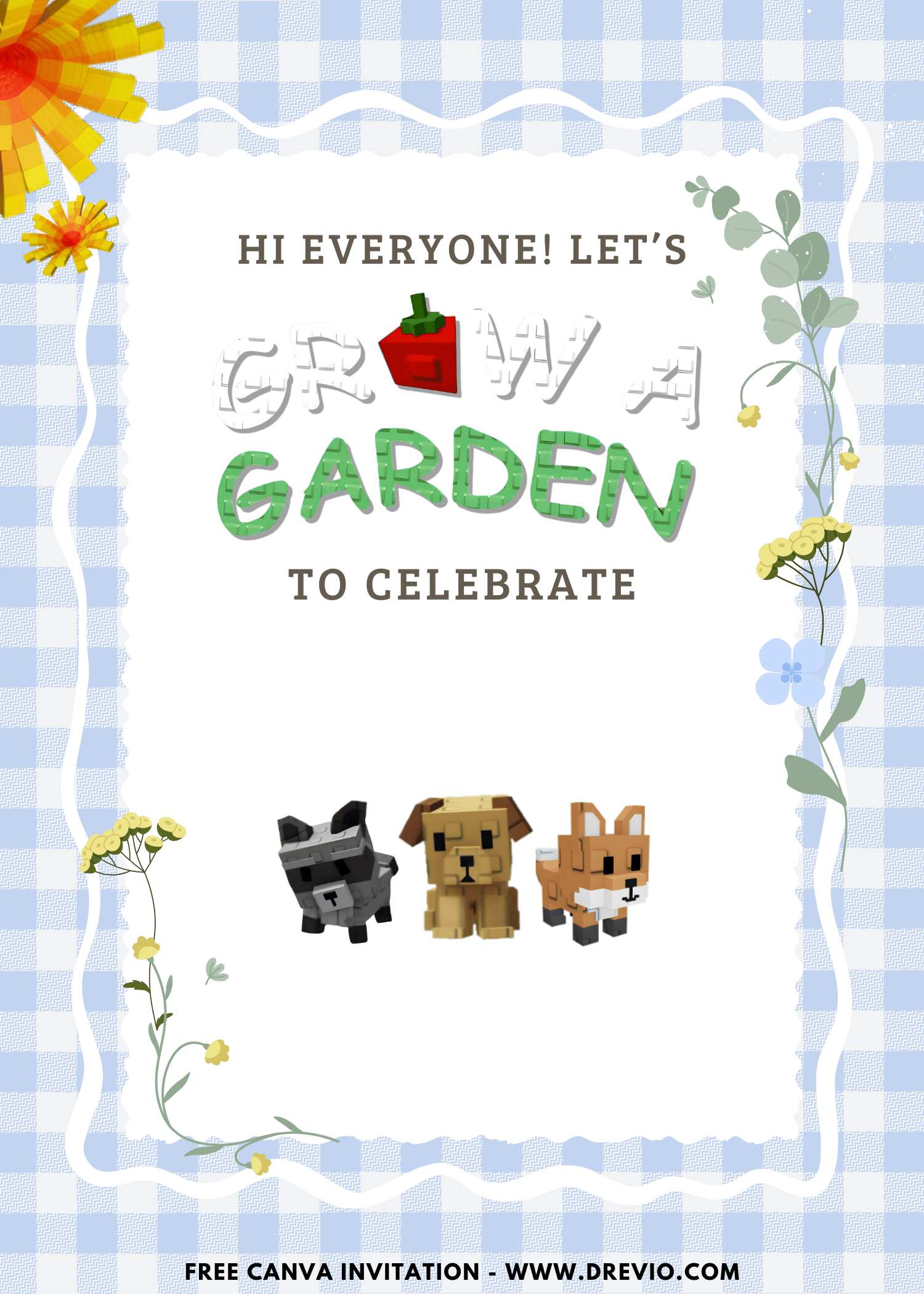 Free and Editable Gingham Roblox Grow A Garden Birthday Invitation Templates Made in Canva. Customize Online for free