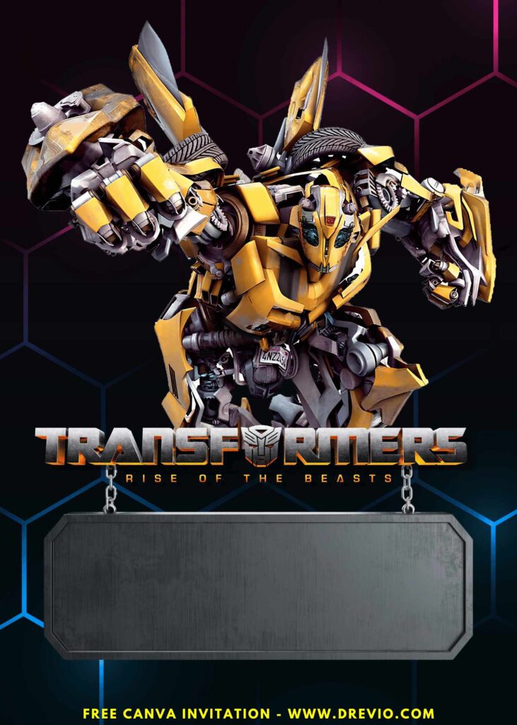Free and Editable Epic Bumblebee Transformers Birthday Invitation Templates Made in Canva. Customize Online for free