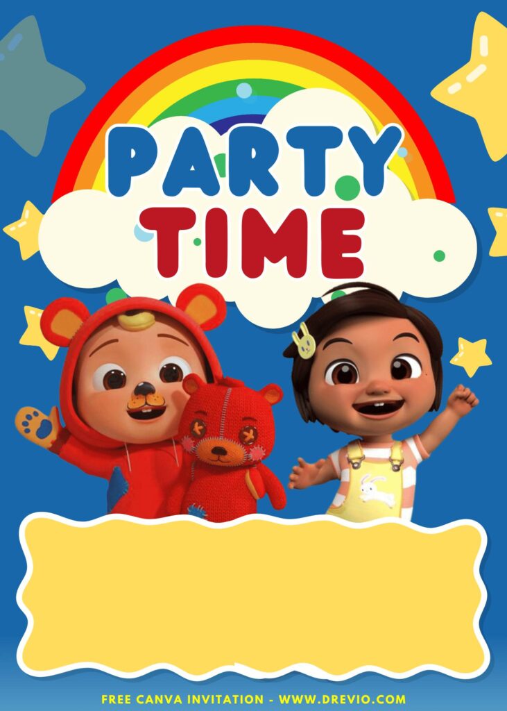 Free and Editable NiNa and JJ Cocomelon Party Time Birthday Invitation Templates Made in Canva. Customize Online for free