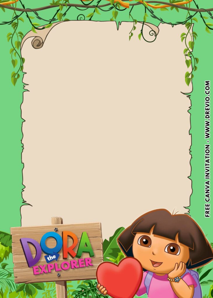 Free and Editable Lovely Cute Dora the Explorer Birthday Invitation Templates Made in Canva. Customize Online for free