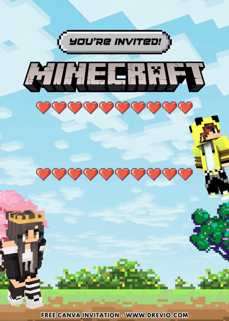 Free and Editable Awesome Minecraft Birthday Invitation Templates Made in Canva. Customize Online for free