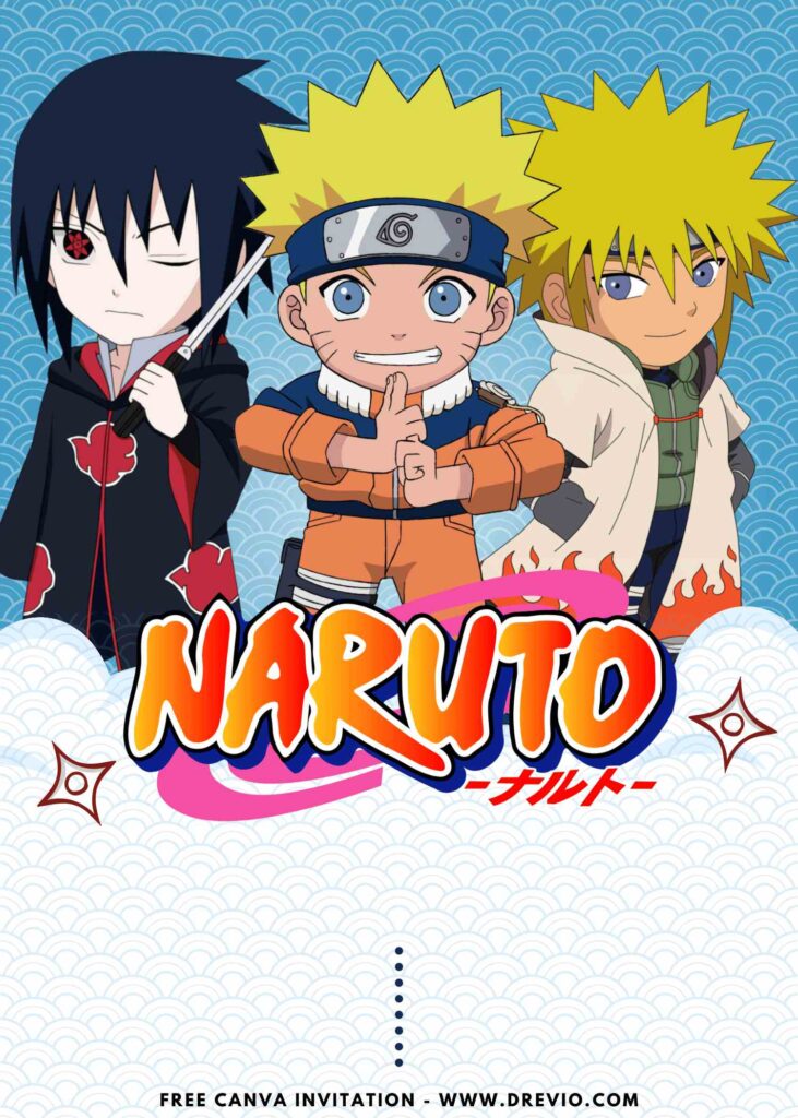 Free and Editable Chibi Minato Sasuke and Naruto Birthday Invitation Templates Made in Canva. Customize Online for free